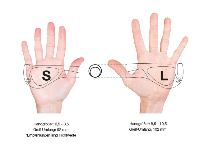 Größe „Small“: Hand(schuh)größe 6,5–8,5; Greifumfang 92 mm. Größe „Large“: Hand(schuh)größe 8,5–10,5; Greifumfang 102 mm. Alle Empfehlungen sind Richtwerte.
