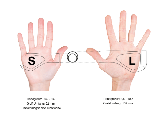 Der GS1 wird in Small und Large angeboten. Für Hand(schuh)größen 6,5 – 8,5 empfehlen wir die Größe Small, für 8,5 – 10,5 die Größe Large.