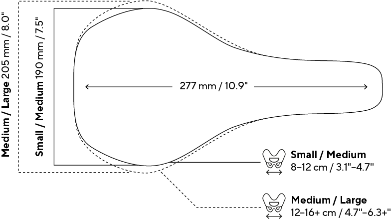 Den Sattel gibt es in in den Größen Small/Medium für den Sitzknochenabstand von 8–12 cm und Medium/Large für den Sitzknochenabstand von 12–16+ cm.