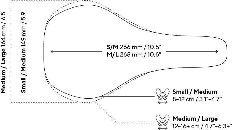 Den Sattel gibt es in in den Größen Small/Medium für den Sitzknochenabstand von 8–12 cm und Medium/Large für den Sitzknochenabstand von 12–16+ cm.