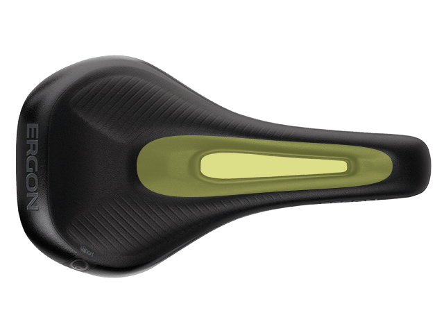 Ergon SM E-Mountain Women saddle with relief channel placed far forward.