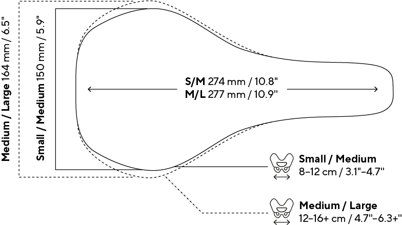 The saddle is available in the sizes Small/Medium for the seat bone with of 8–12 cm (3.1″–4.7″) and Medium/Large for the seat bone with of 12–16+ cm (4.7″–6.3+″).
