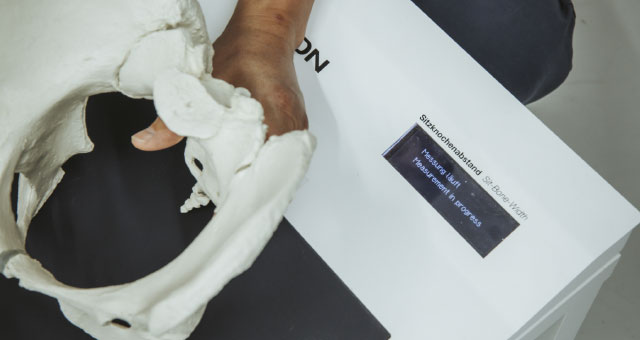 A model of a pelvis is used to demonstrate how the seat width measurement works.