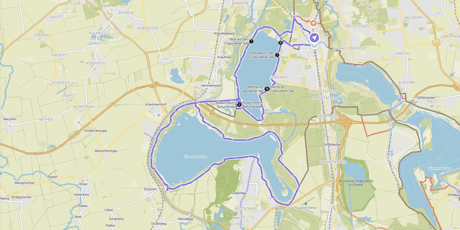 Route "Cospunder und Zwenkauer See" auf einer Karte eingezeichnet