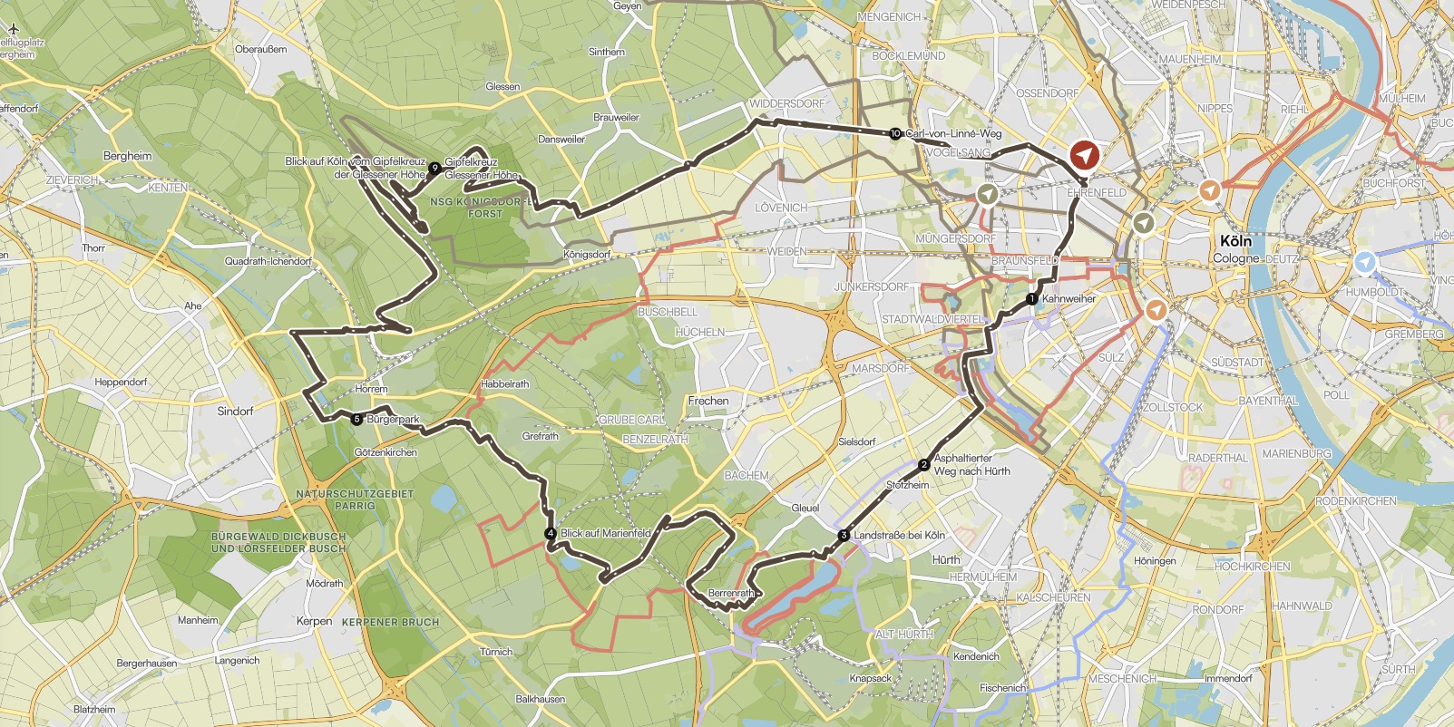 Route "Von Ehrenfeld zum Gipfelkreuz Gleisner Höhe" auf einer Karte eingezeichnet