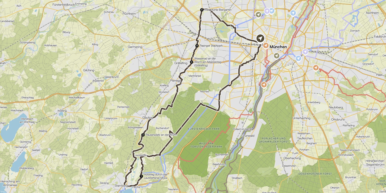 Route "Zum Starnberger See" auf einer Karte eingezeichnet