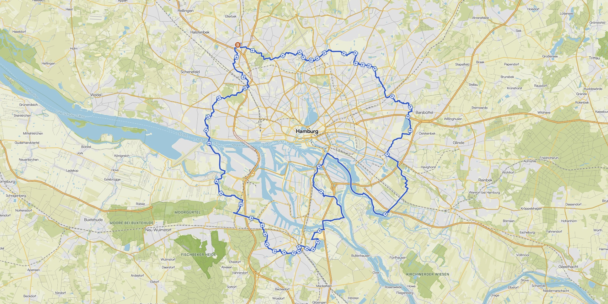 Route "Grüner Ring rund um Hamburg" auf einer Karte eingezeichnet