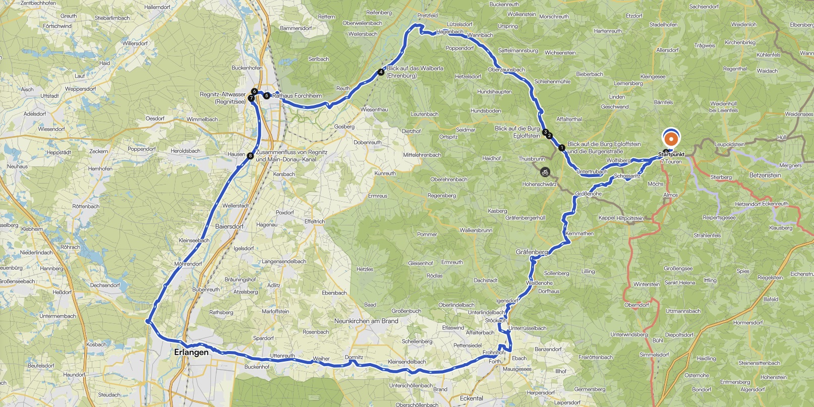 Route bei Forchheim und Egloffstein auf einer Karte eingezeichnet