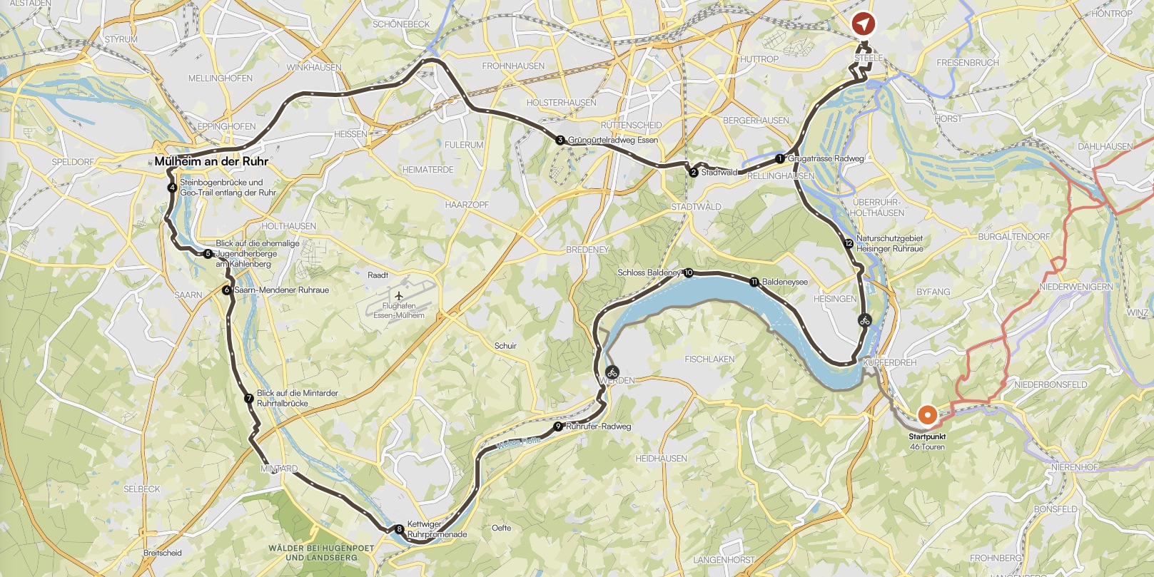 Route von Essen-Kupferdreh zum Baldeneysee auf einer Karte eingezeichnet