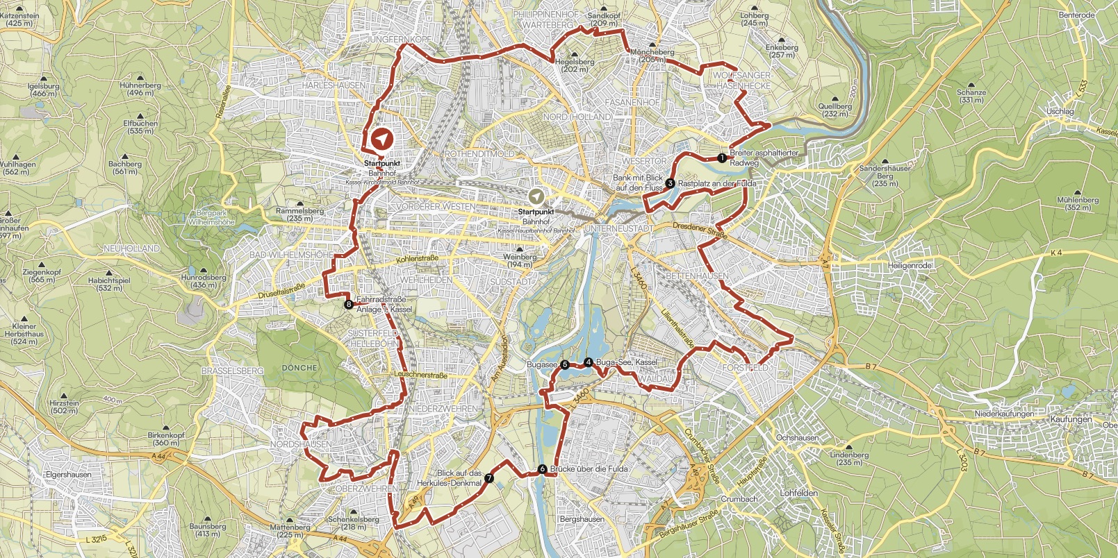 Route um Kassel mit Bugasee auf einer Karte eingezeichnet
