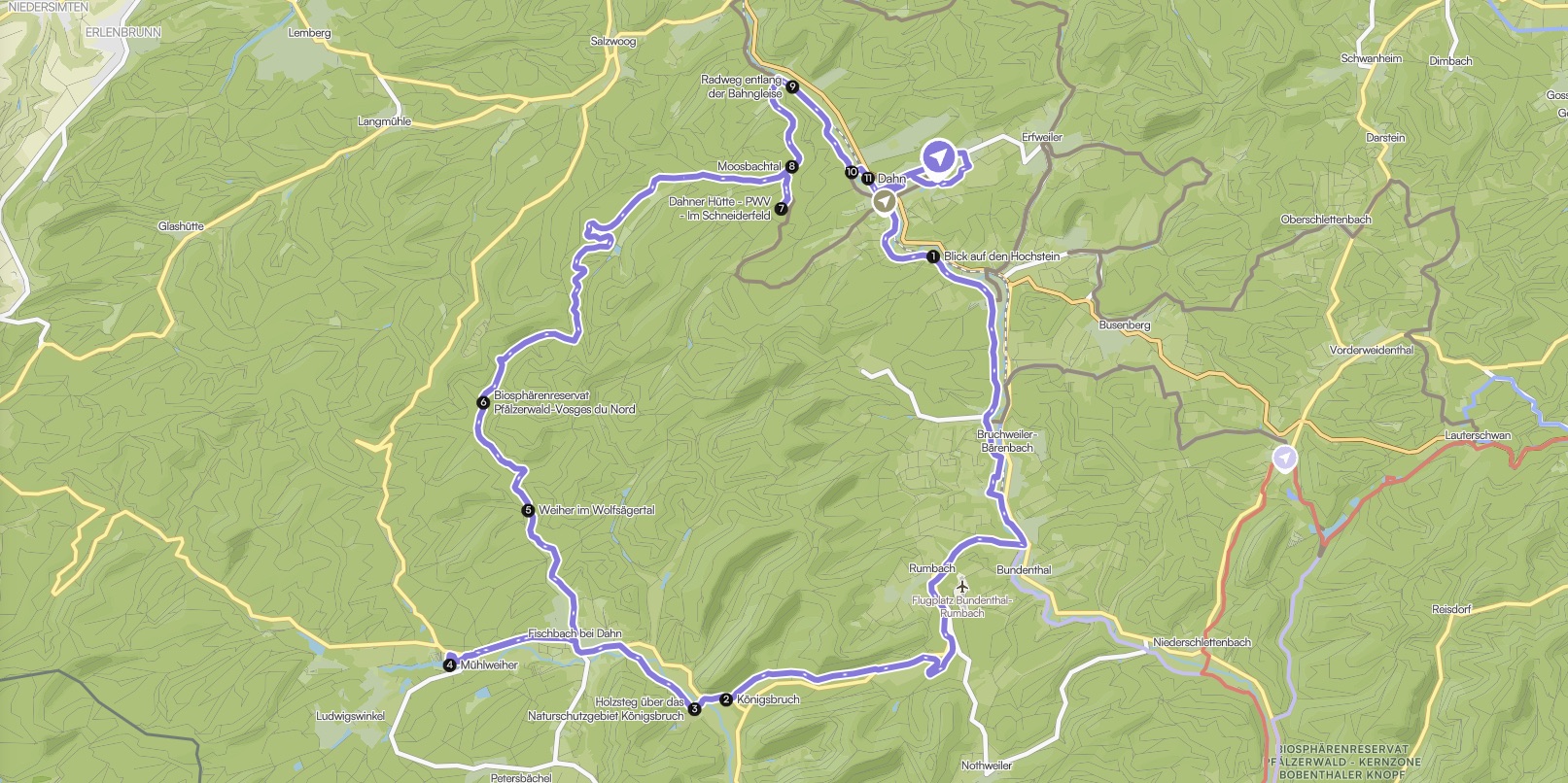 Route zwischen Kaiserslautern, Mannheim und Karlsruhe auf einer Karte eingezeichnet