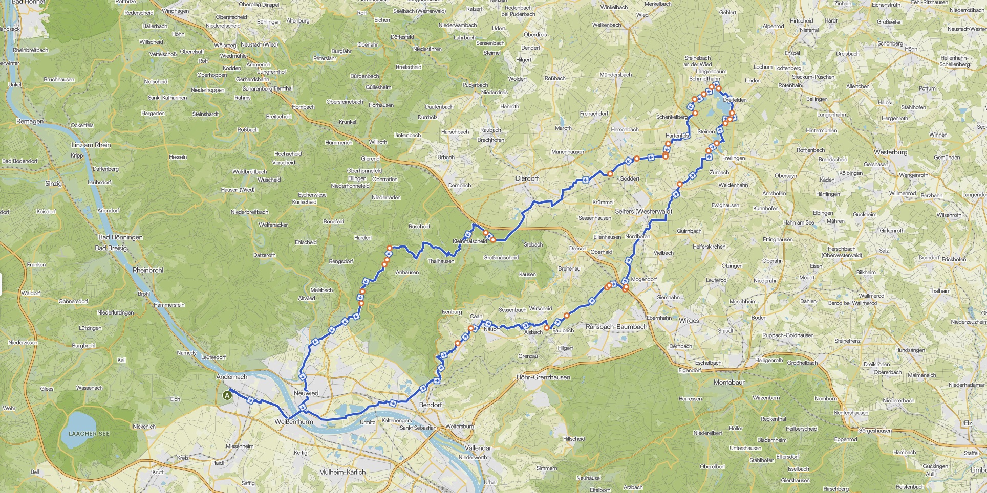 Dreifelder Weiher Runde auf einer Karte eingezeichnet