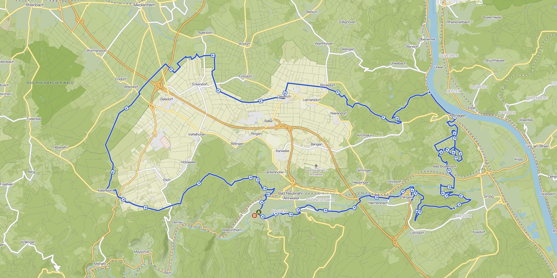 Gravelrunde bei Bad Neuenahr-Ahrweiler auf einer Karte eingezeichnet