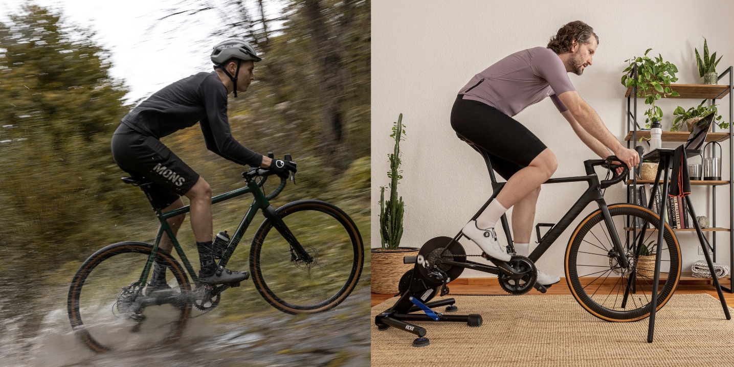 Next to each other are a picture of a gravel rider in the forest and a picture of a man on an indoor trainer.