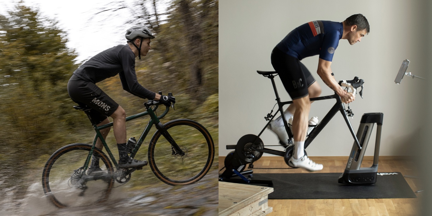 Next to each other are a picture of a gravel rider in the forest and a picture of a man on an indoor trainer.