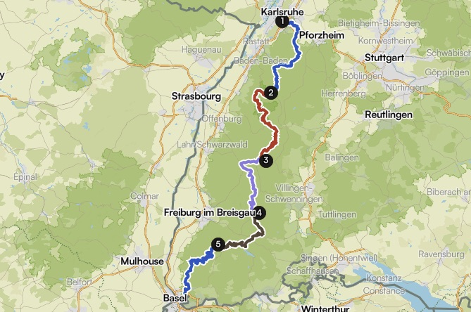 Black Forest Cycle Route auf einer Karte eingezeichnet