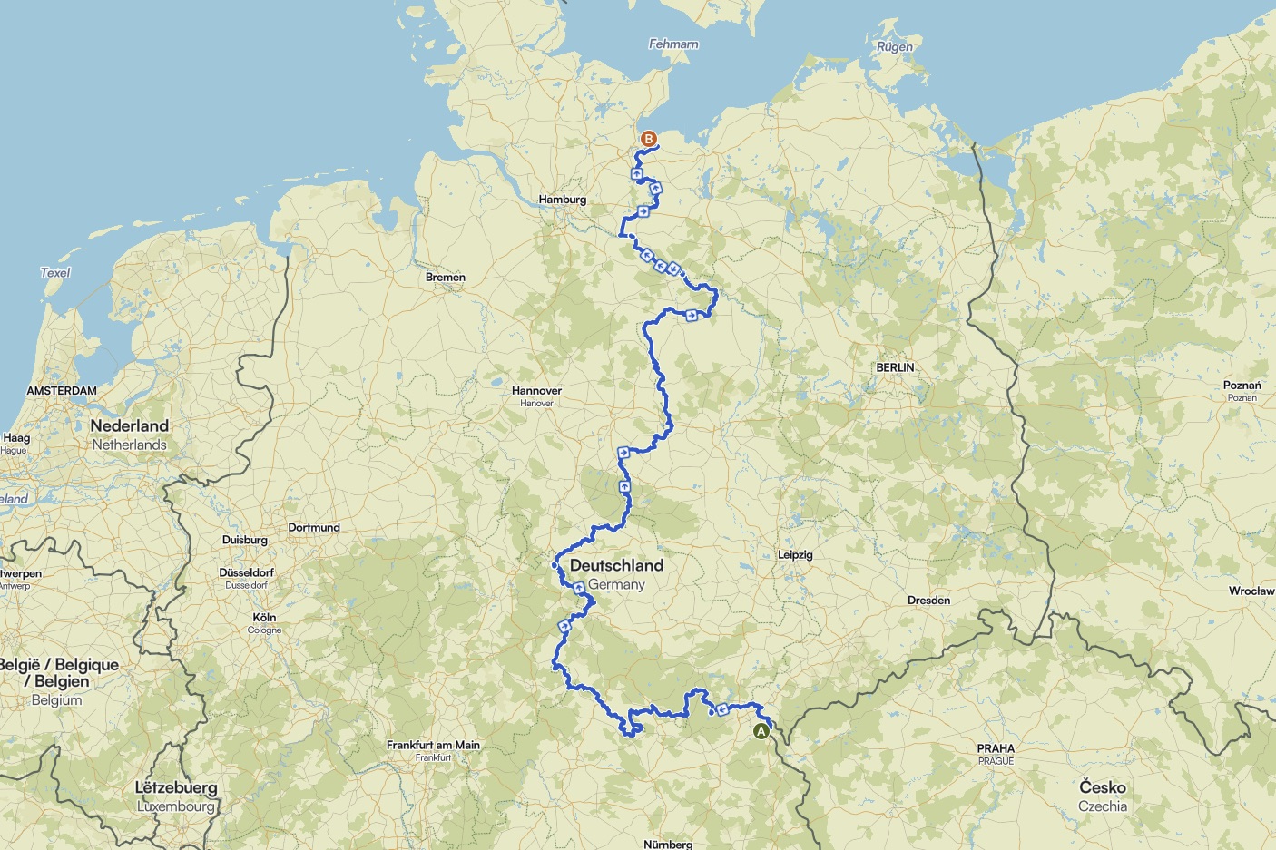 Route entlang der früheren innerdeutschen Grenze auf einer Karte eingezeichnet