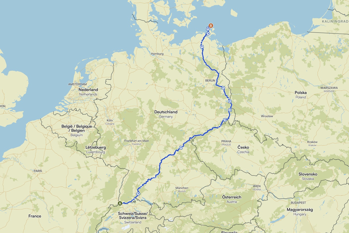 Bikepacking Trans Germany auf einer Karte eingezeichnet