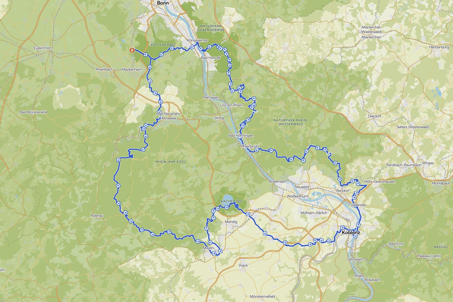 Route "Wine Rhine & Romans" auf einer Karte eingezeichnet