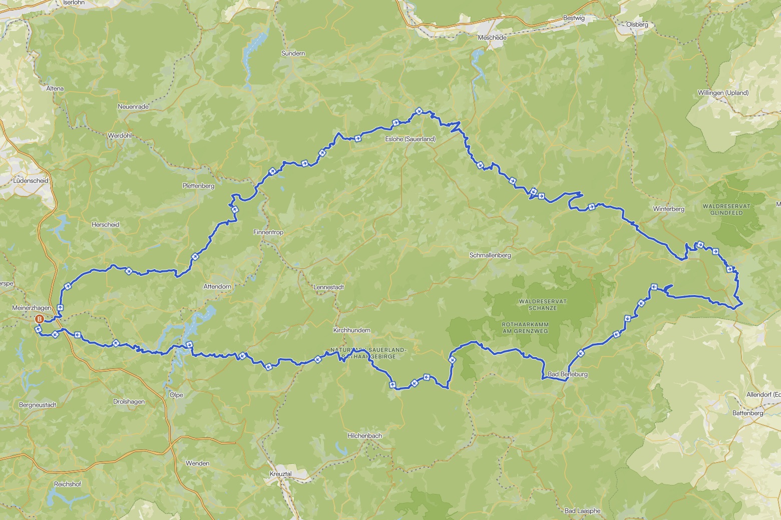 Route "Sweet and Sauerland" auf einer Karte eingezeichnet