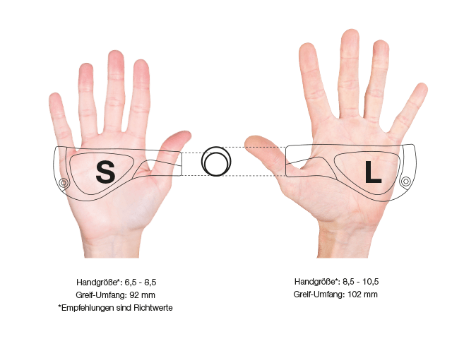Illustration of the Ergon grip sizes, small hand with size S and large hand with size L. 