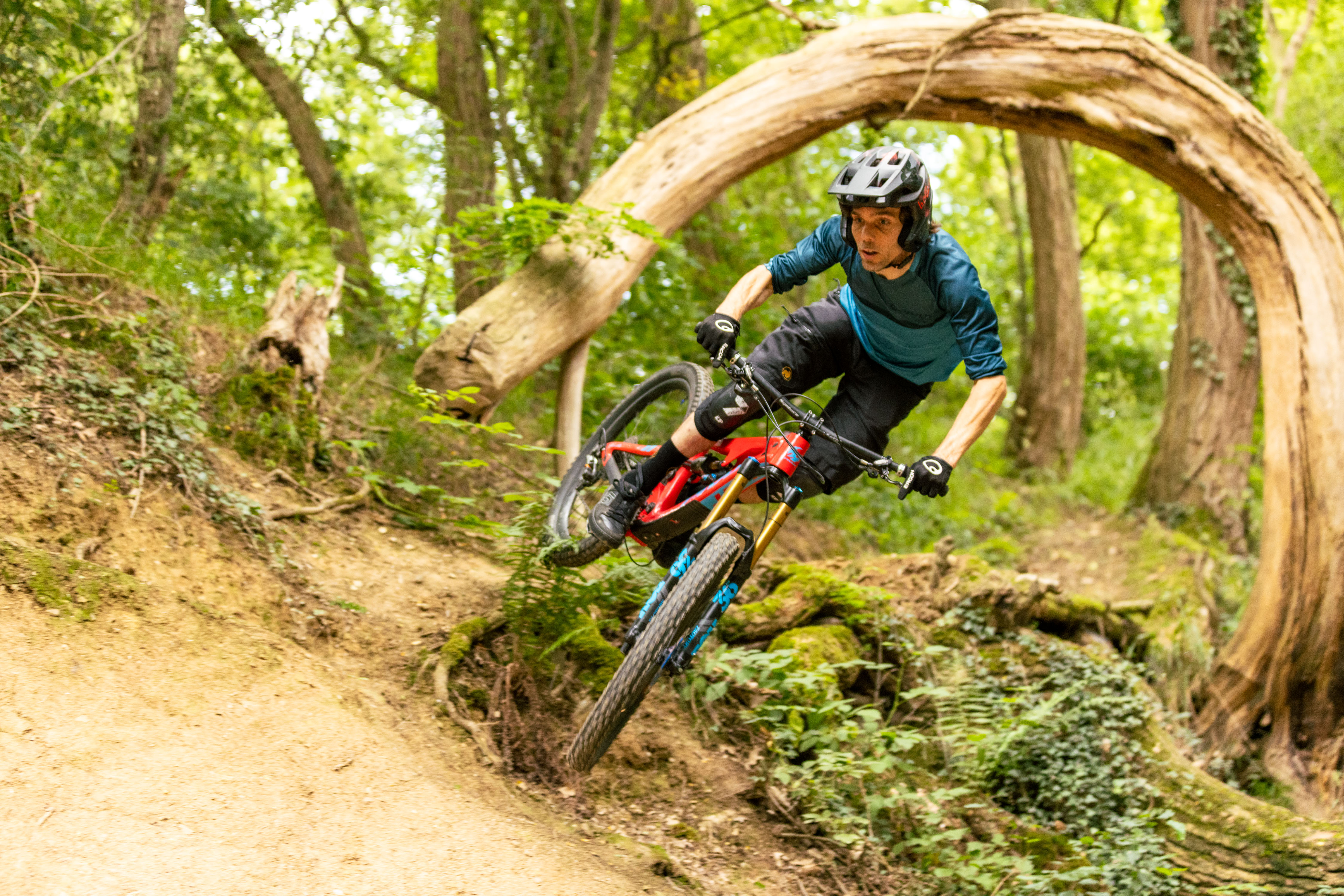 Mountainbike Freeride im Bikepark Bendorf: Fahrer auf anspruchsvollem Trail im Wald mit Kurven und Hindernissen.