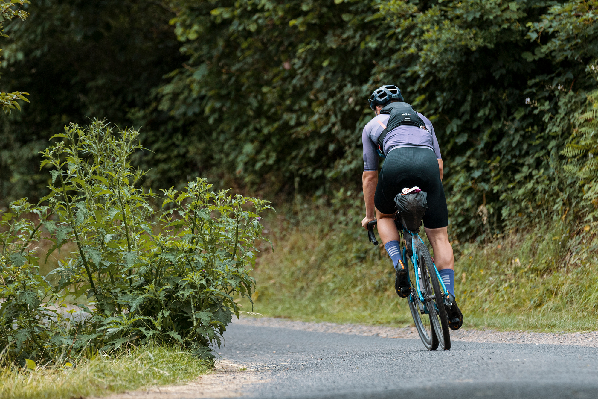 Cyclist photographed from behind, riding away along a road lined with greenery
Photographer Ingvar Vollprecht