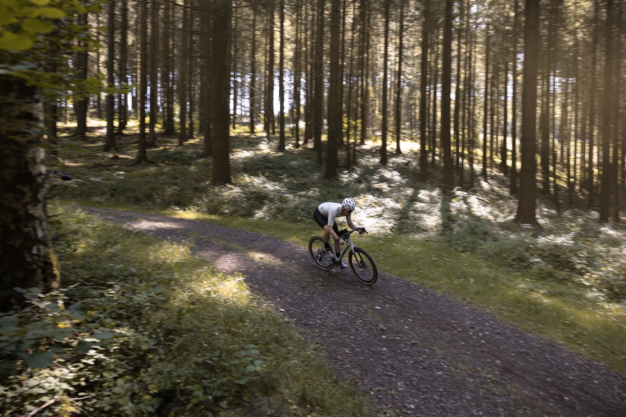Cyclist rides a gravel path through the forest