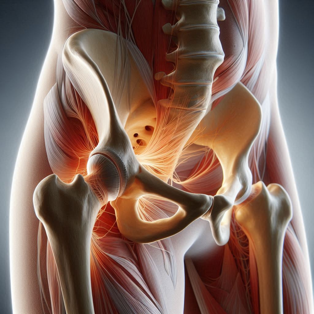 Anatomische Darstellung der Hüfte mit Fokus auf den Piriformismuskel und umliegende Muskeln und Knochenstrukturen