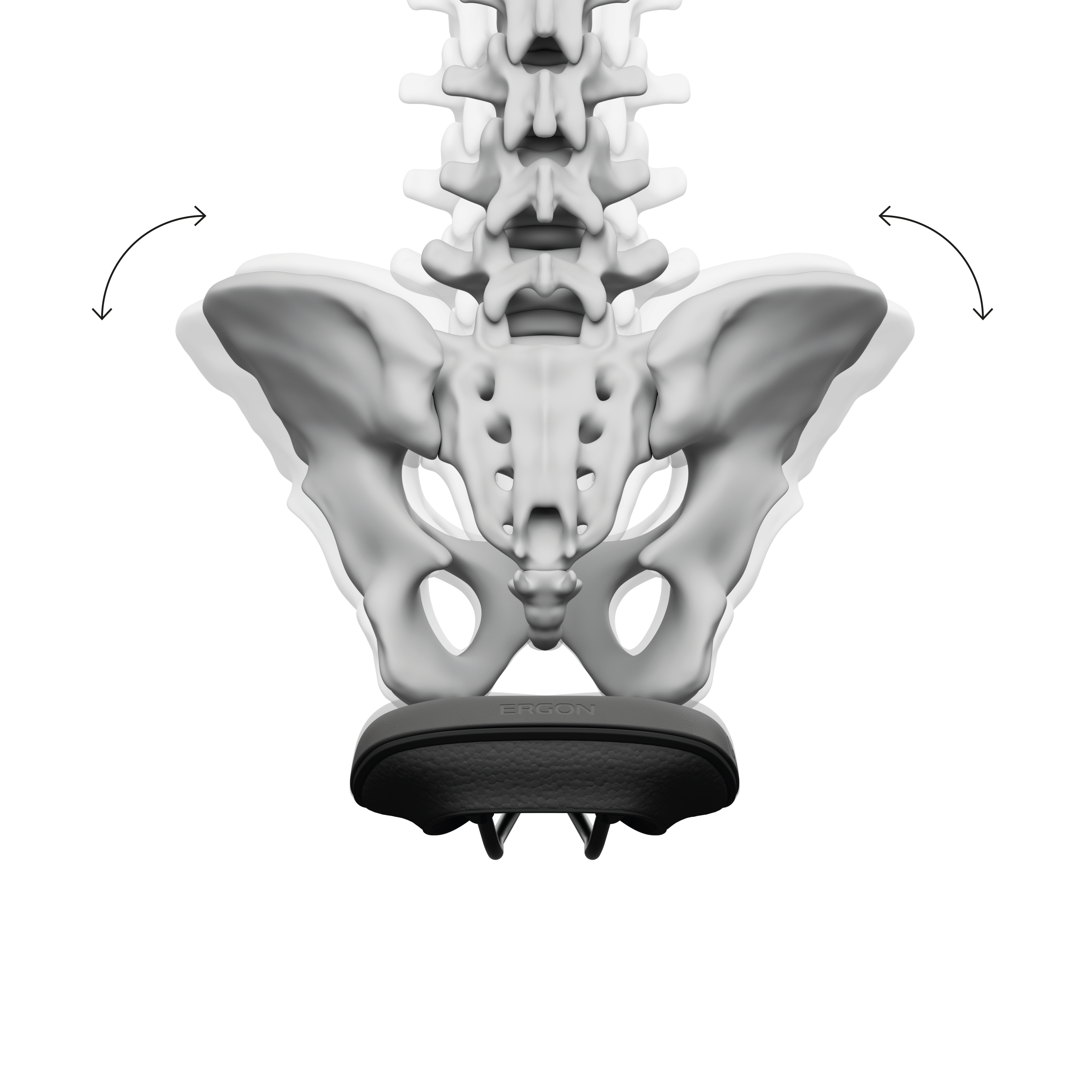 Grafik eines Beckenskeletts auf einem Ergon-Sattel mit Core 3D-Technologie, das die seitliche Hüftbewegung beim dynamischen Sitzen veranschaulicht.