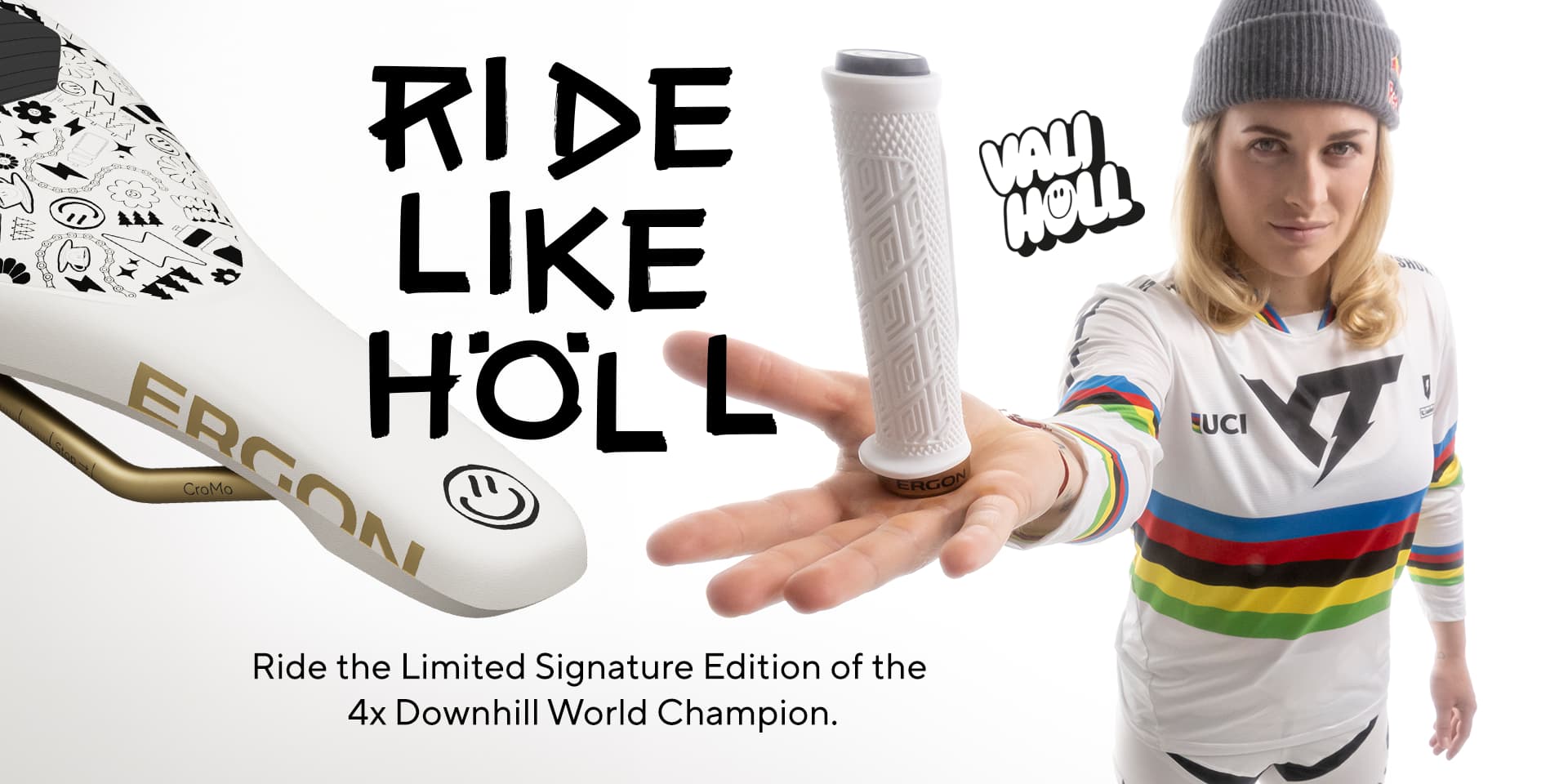 Photo montage: On the left, the SM Downhill Comp in the Vali Höll Edition; on the right, Vali Höll balancing a GDH team on her palm. Vali's logo is placed next to the grip. Above it, the following text: “Ride Like Höll. Ride the Limited Signature Edition of the 4x Downhill World Champion.”