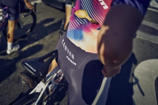 Ergon Cycling Nutrition Canyon SRAM Banana Canyon SRAM cyclist with a banana in the jersey.